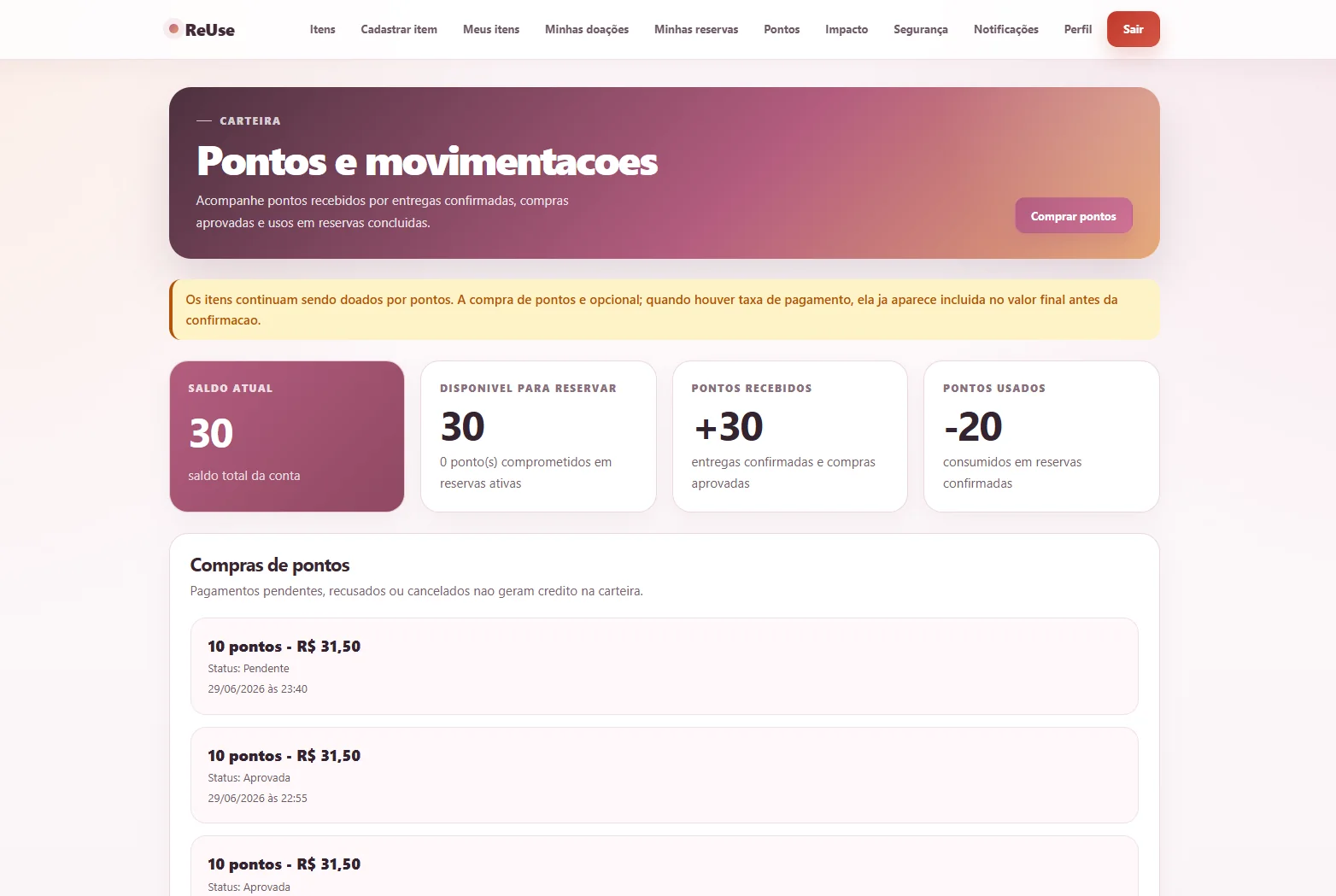 Carteira e movimentações de pontos da plataforma ReUse