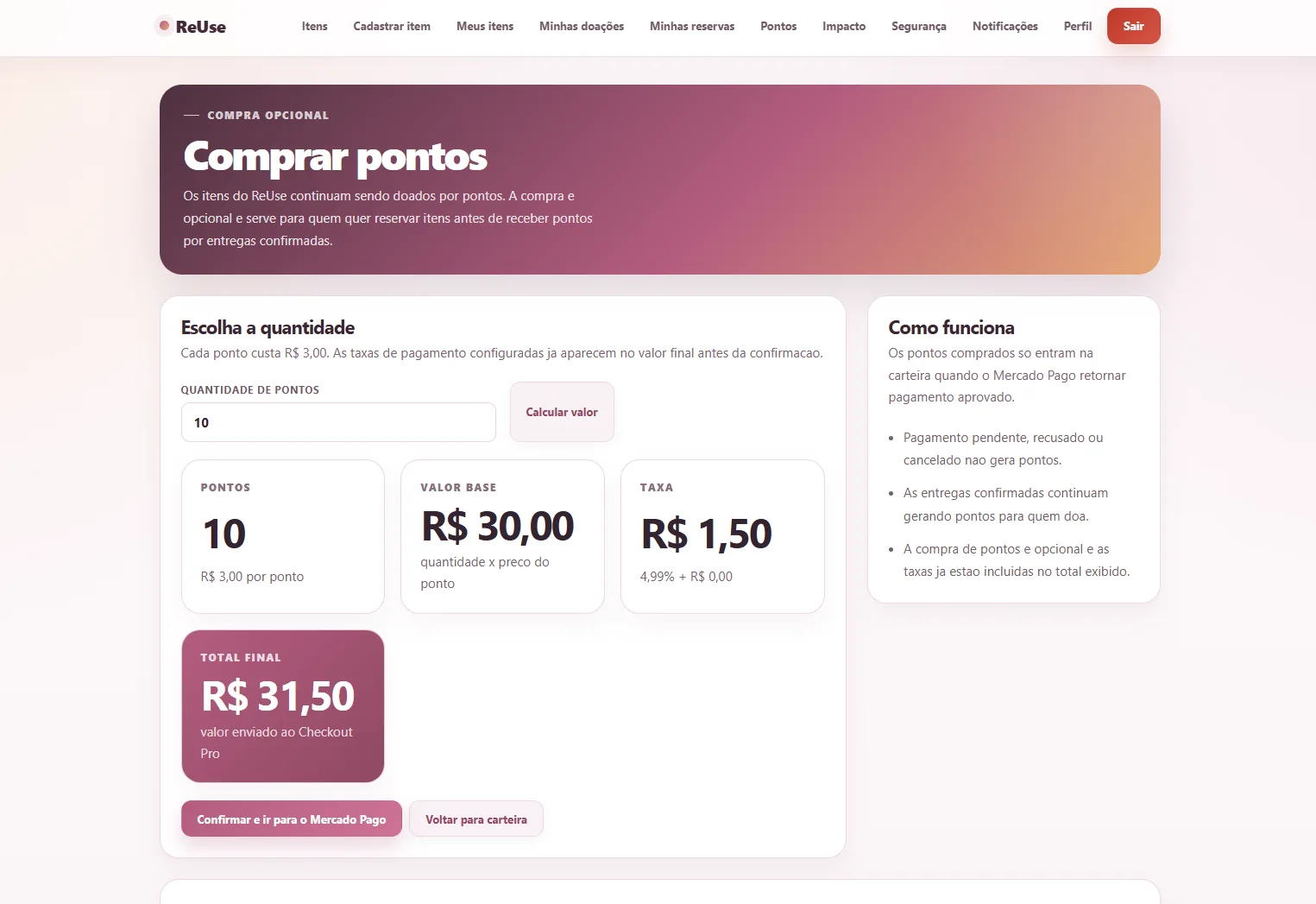 Fluxo de compra de pontos da plataforma ReUse