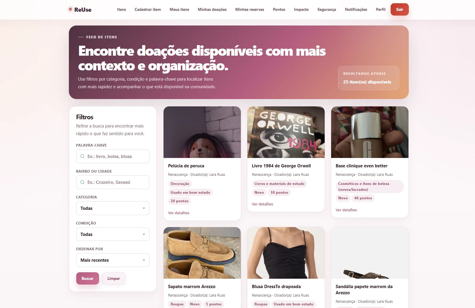 Feed de itens disponíveis na plataforma ReUse