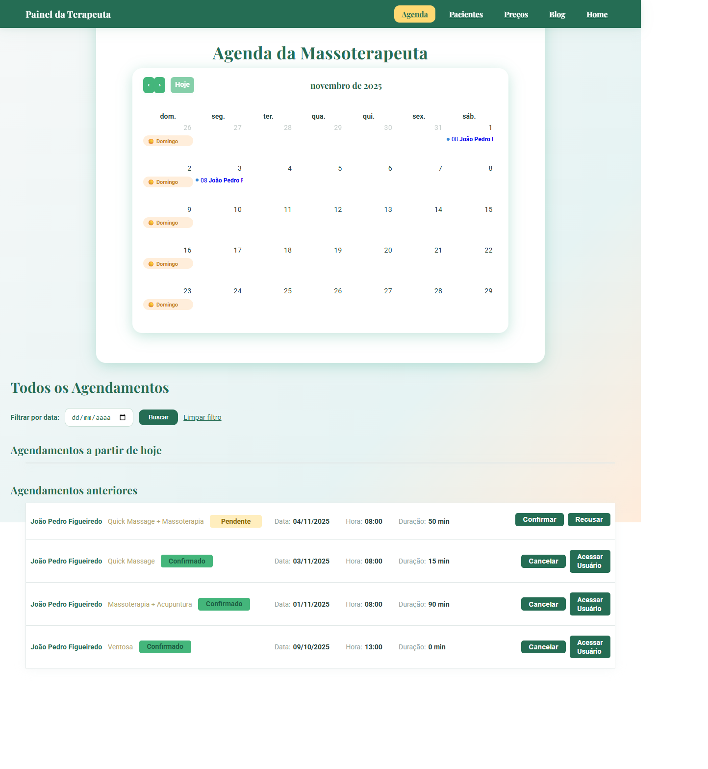 Gestão de agenda no painel administrativo da Terapia Corporal Sistêmica