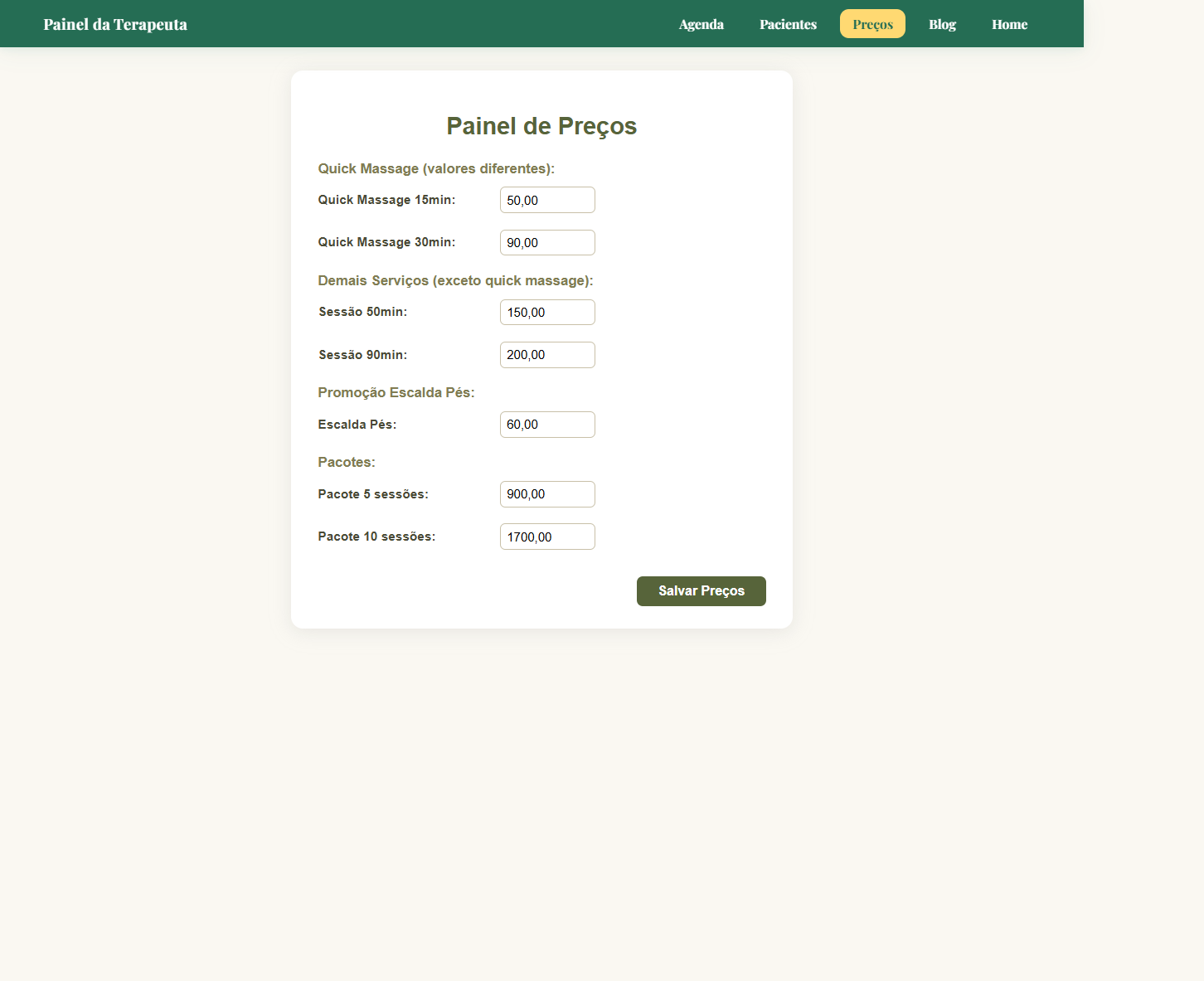 Configuração de planos e preços na Terapia Corporal Sistêmica