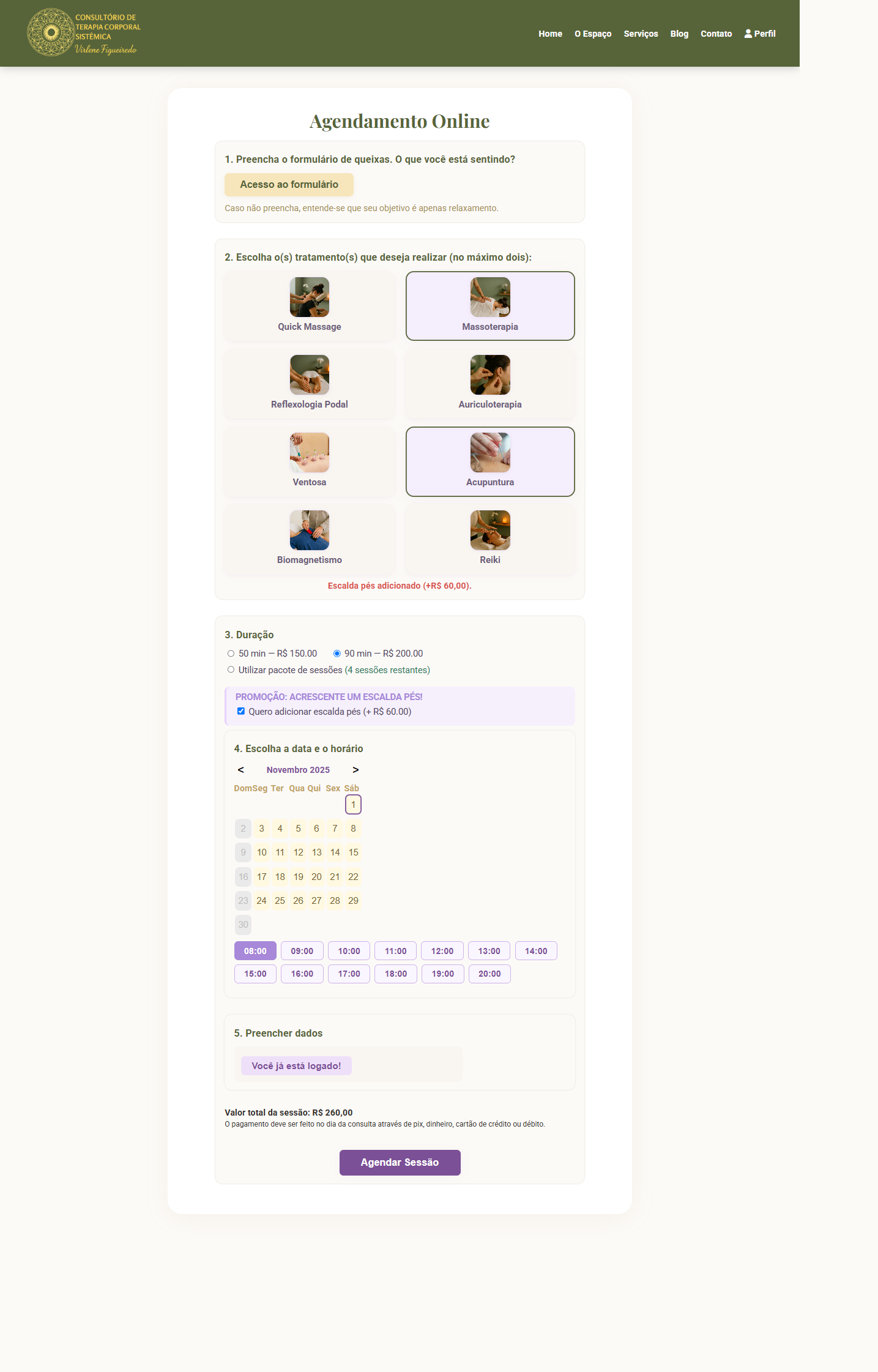 Tela de agendamentos do site Terapia Corporal Sistêmica