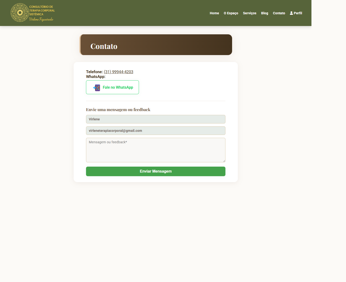 Formulário de contato do site Terapia Corporal Sistêmica